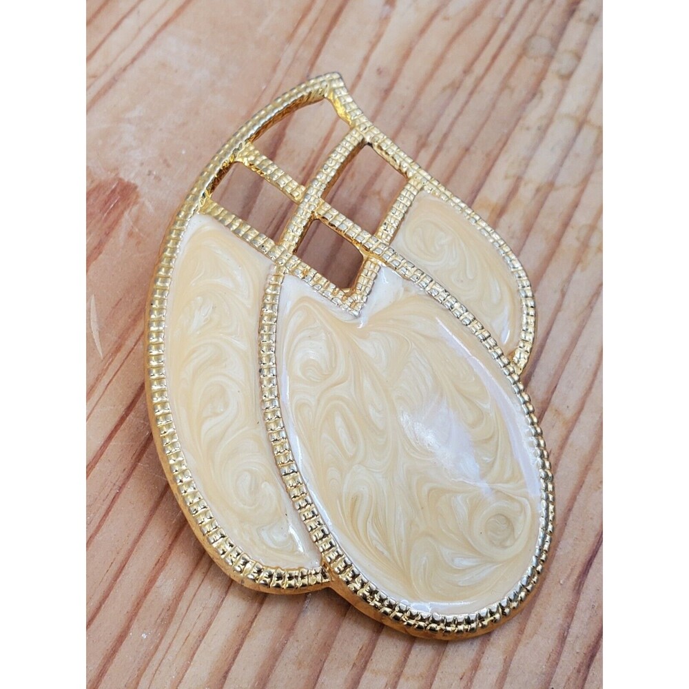 VTG Day-Lor Gold Tone White Cream Enamel  Retro Clip Belt Buckle 4" USA Stamped